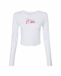 White fitted long sleeve baby tee with red script Ohio graphic