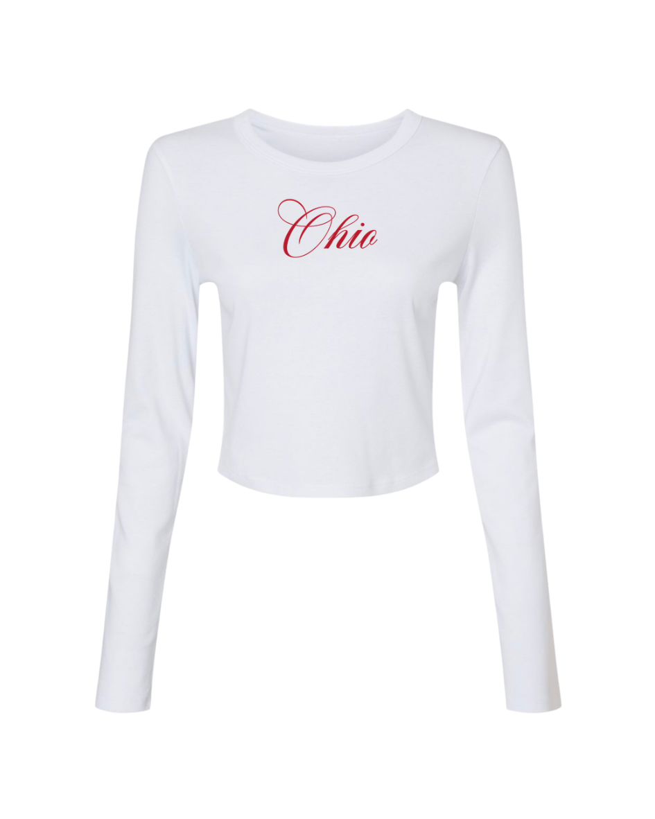 White fitted long sleeve baby tee with red script Ohio graphic