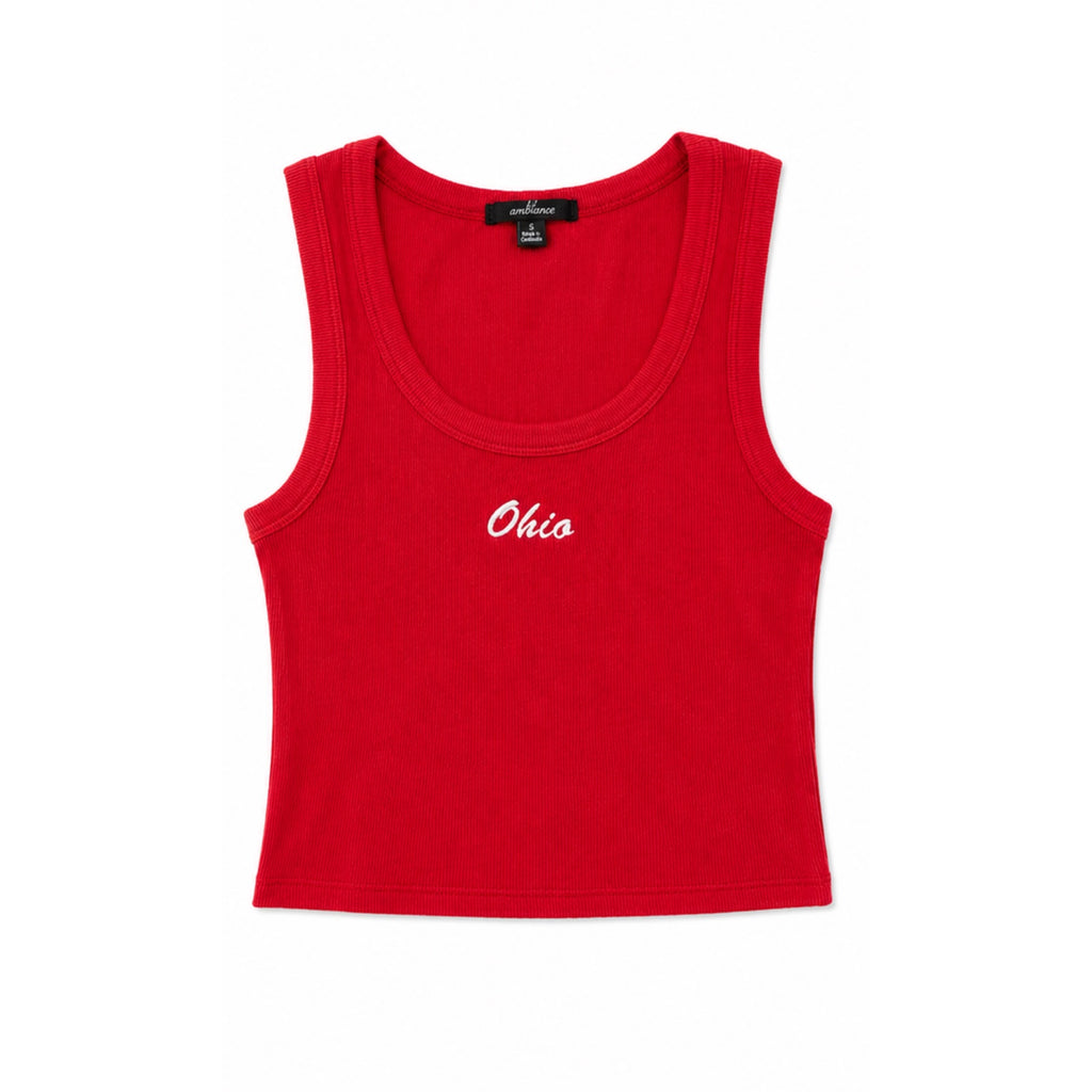 Red ribbed tank top with white Ohio script embroidery