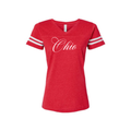 Women's Ohio script varsity V-neck tee in Vintage Red and White