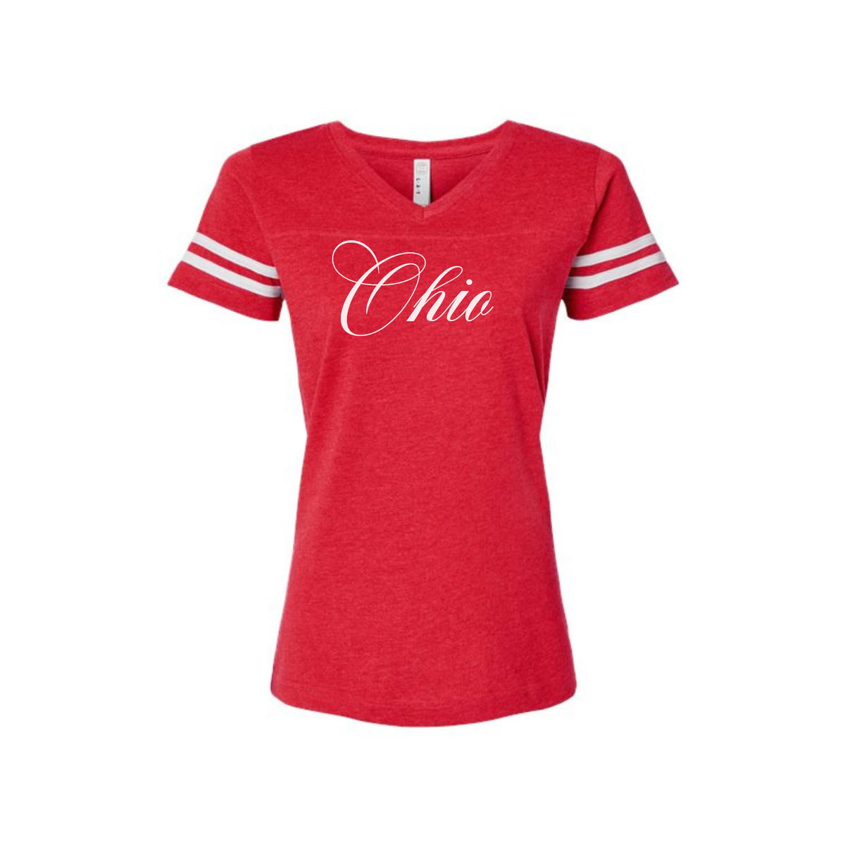 Women's Ohio script varsity V-neck tee in Vintage Red and White