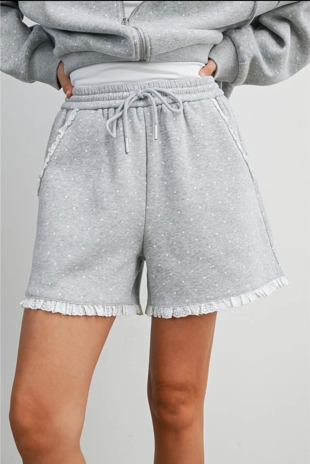 Grey polka dot lace-trim lounge shorts detail