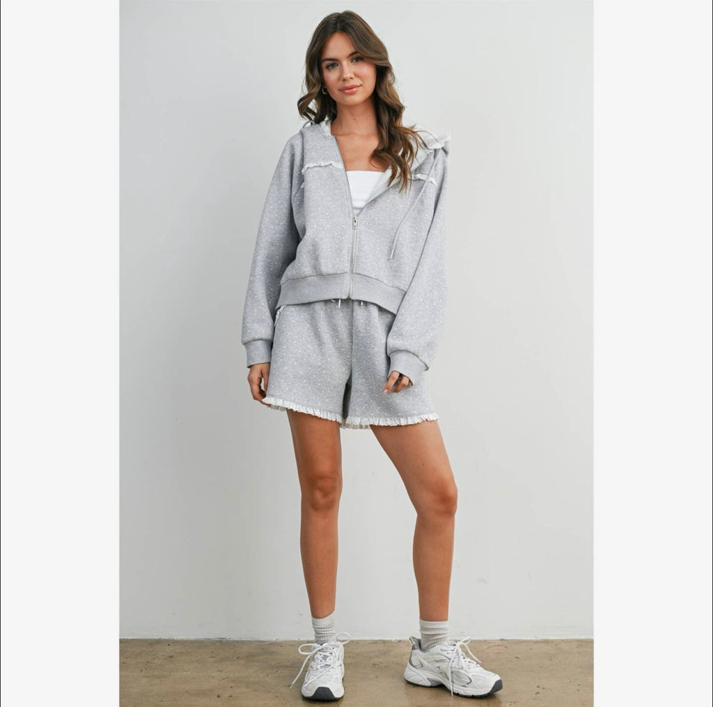 Grey polka dot lace-trim lounge shorts styled on model