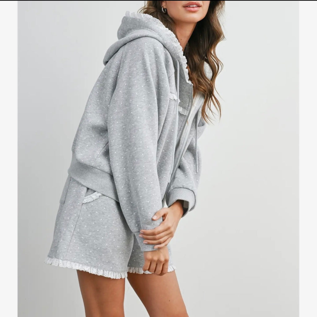 Grey polka dot lace-trim lounge shorts side view