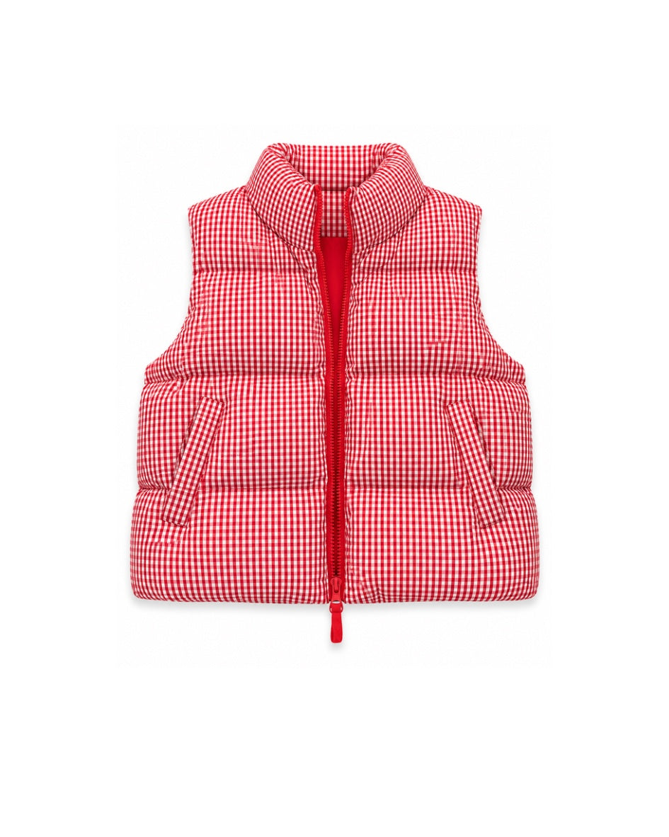 Red and white gingham puffer vest flat lay