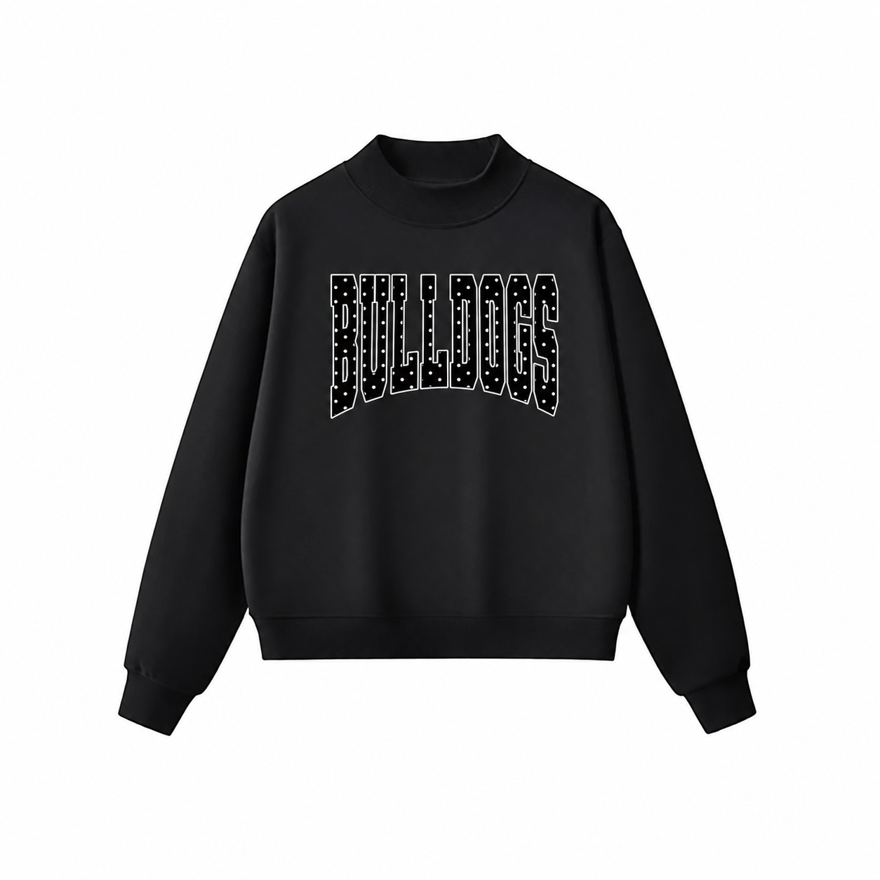 Black mockneck sweatshirt with Bulldogs polka-dot lettering