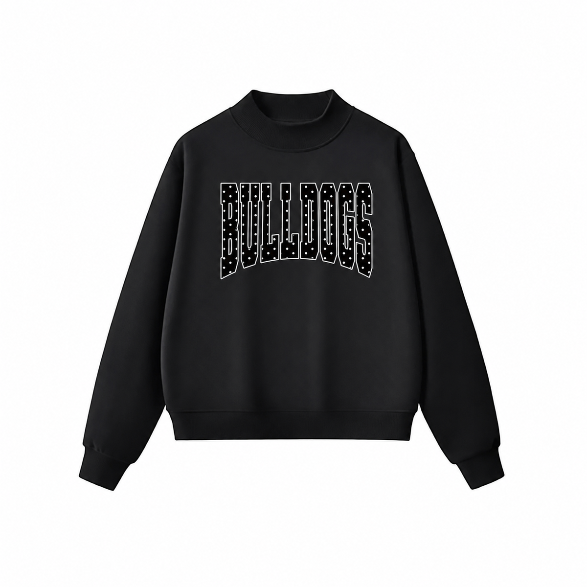 Black mockneck sweatshirt with Bulldogs polka-dot lettering