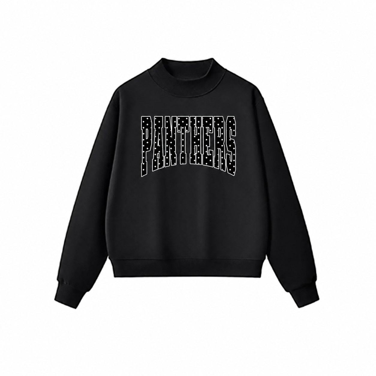 Black mockneck sweatshirt with Panthers polka-dot lettering