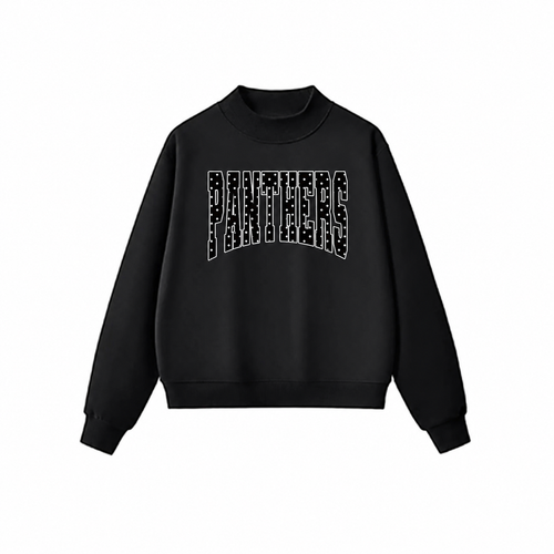 Black mockneck sweatshirt with Panthers polka-dot lettering