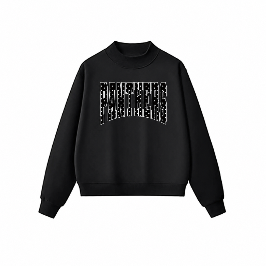 Black mockneck sweatshirt with Panthers polka-dot lettering