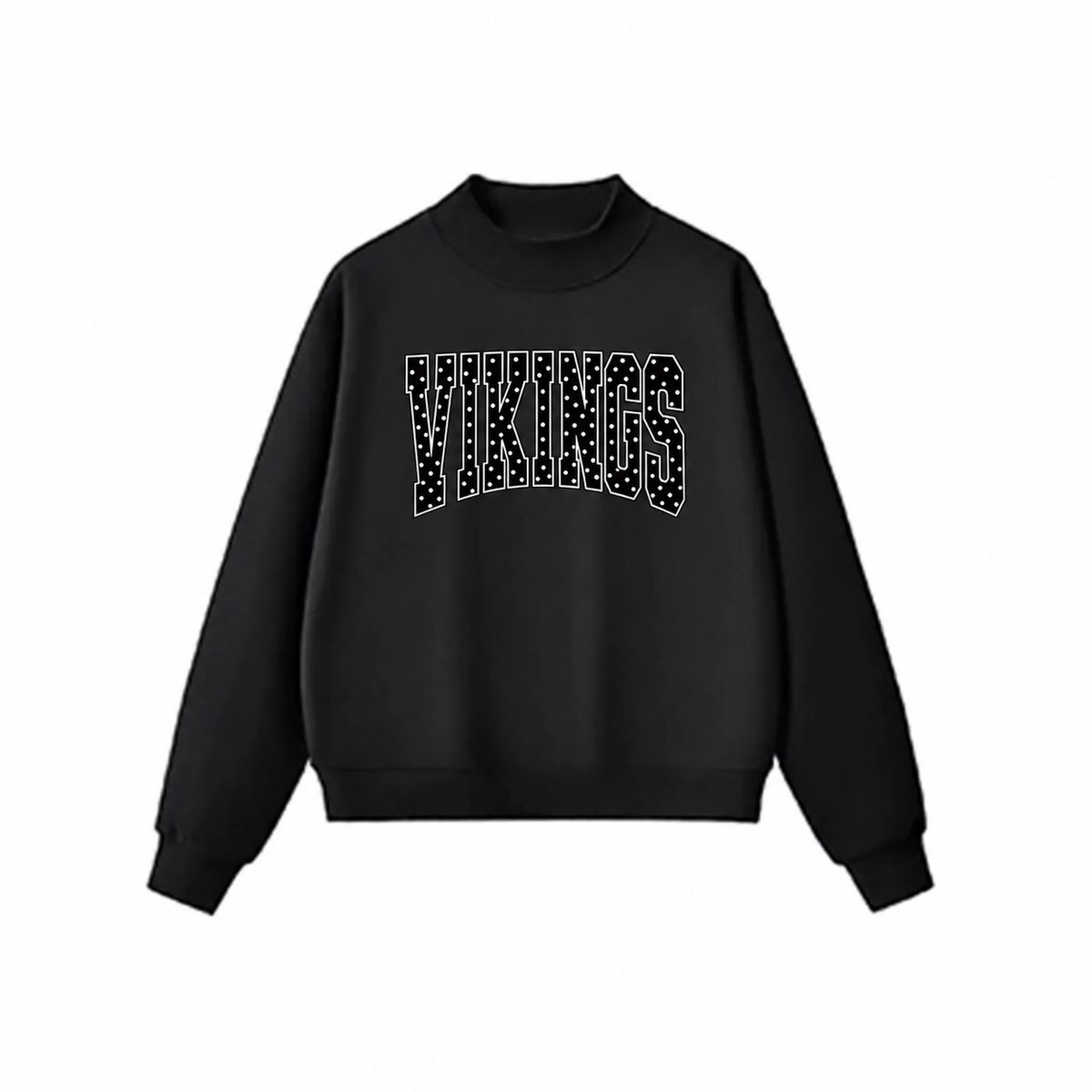 Black mockneck sweatshirt with Vikings polka-dot lettering
