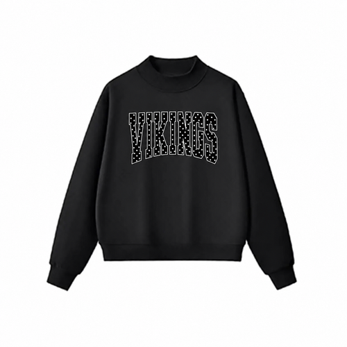 Black mockneck sweatshirt with Vikings polka-dot lettering