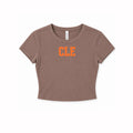 Cocoa brown fitted CLE baby tee with bold orange varsity lettering, front flat lay