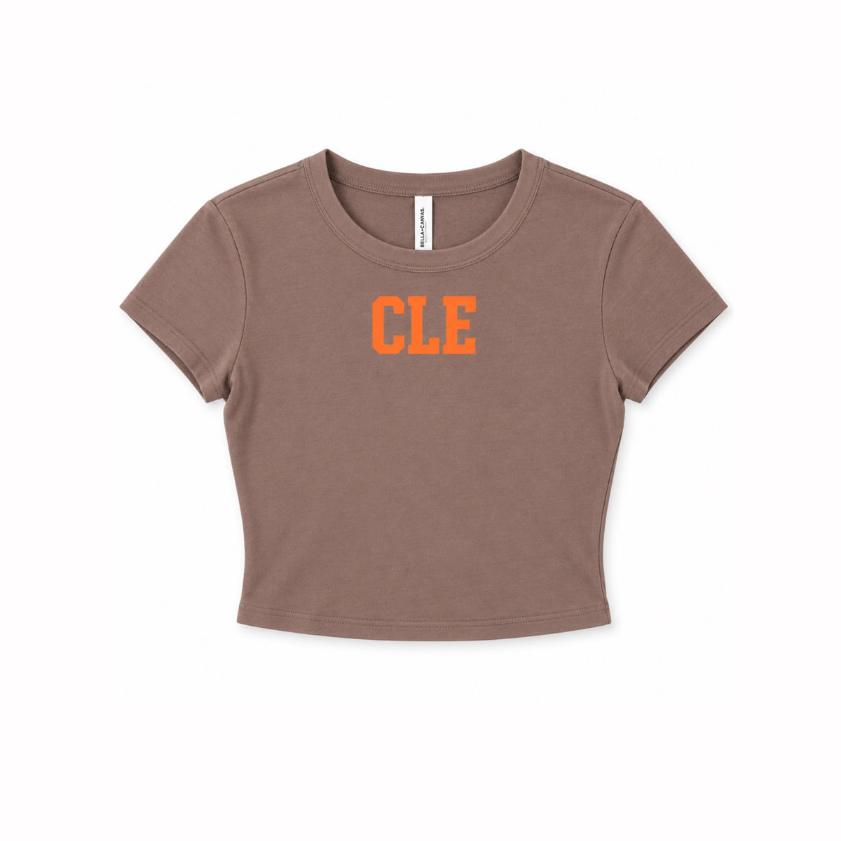 Cocoa brown fitted CLE baby tee with bold orange varsity lettering, front flat lay