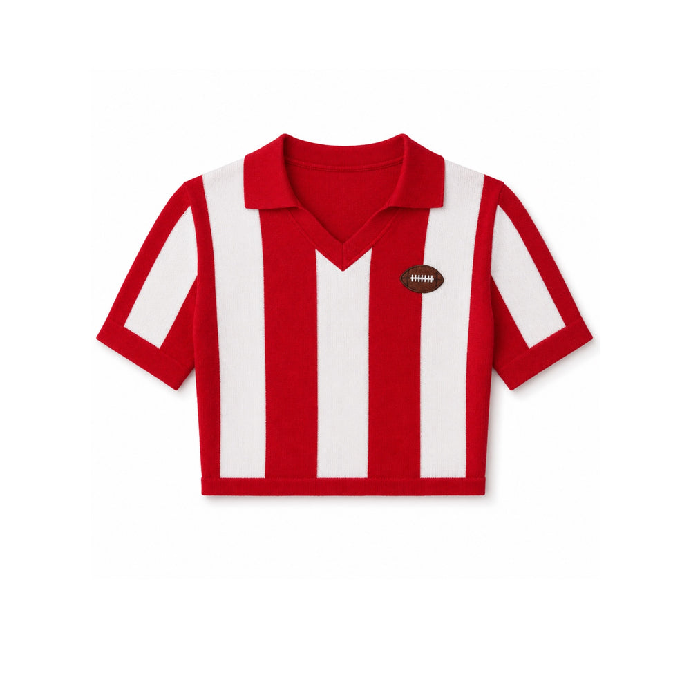Red and white striped cropped rugby sweater top with collar and football patch