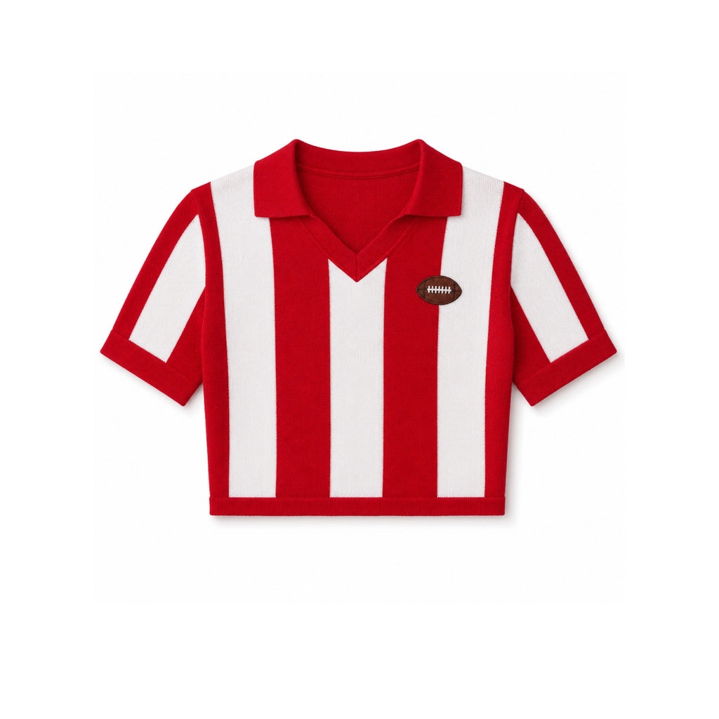 Red and white striped cropped rugby sweater top with collar and football patch
