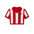Red and white striped cropped rugby sweater top with collar and football patch