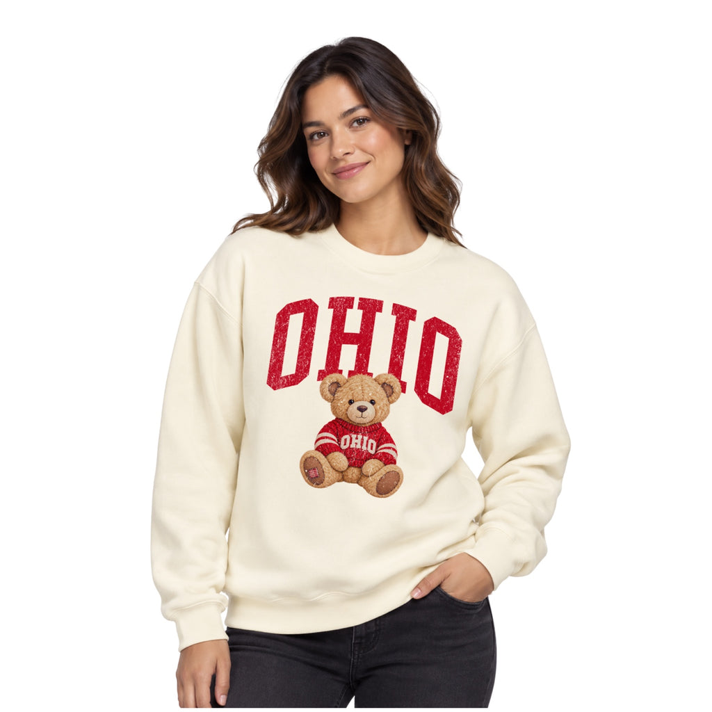 Model wearing off-white Vintage Ohio Teddy Bear Crewneck Sweatshirt